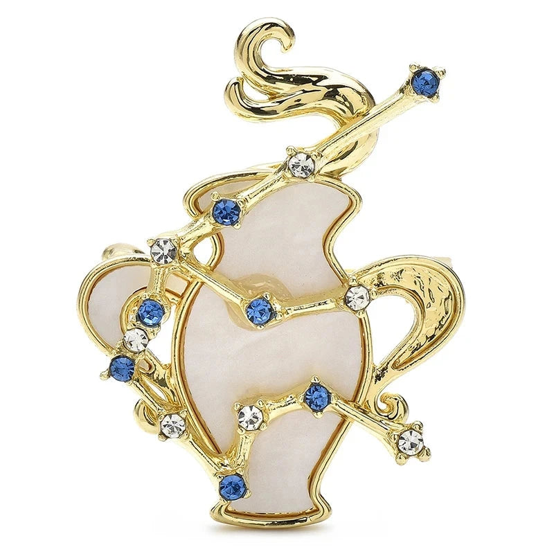 Aquarius Zodiac with Blue Star Accents Brooch — Gold