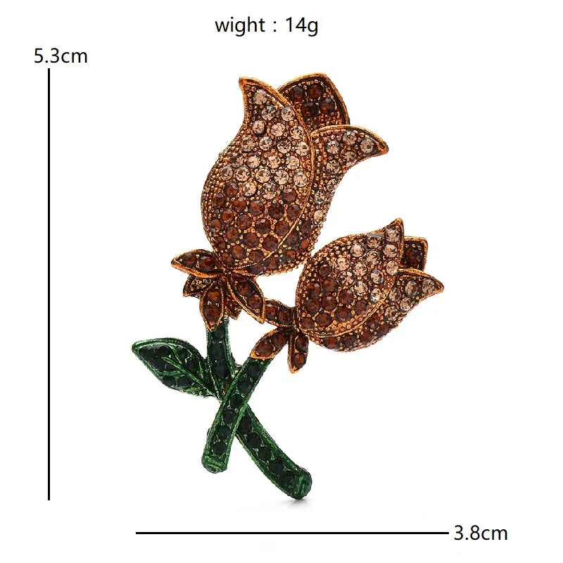 Rhinestone Rose Duo with Green Leaves Brooch — dimensions