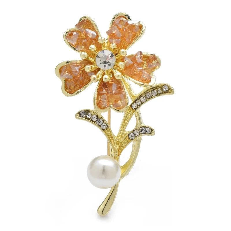 Rhinestone Flower with Pearl-Look Stem Accent Brooch — Champagne