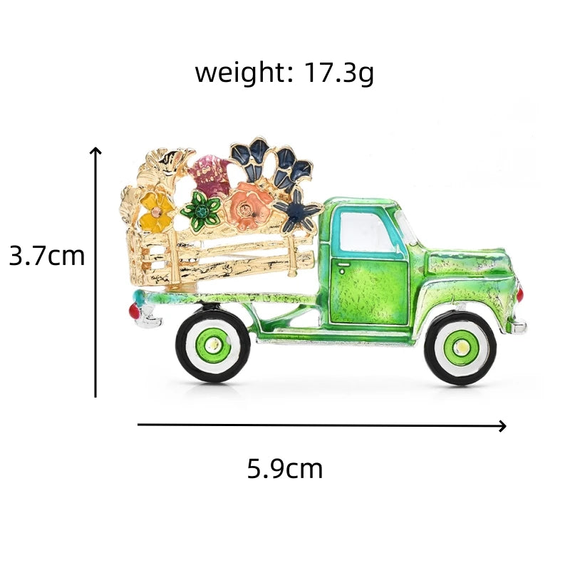 Green Enamel Pickup Truck with Flowers Brooch — dimensions