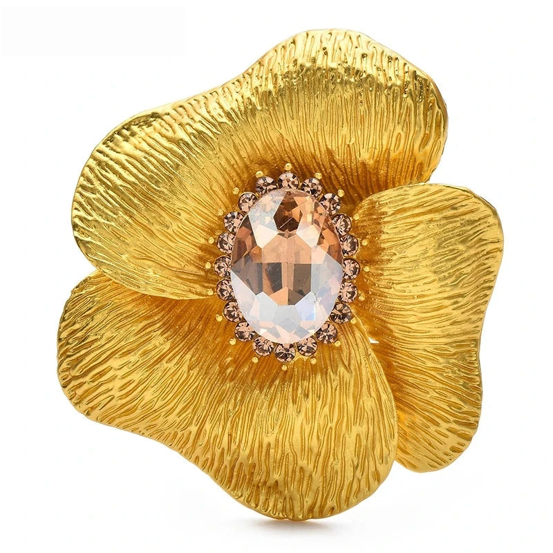 Textured Flower with Oval Stone Brooch — Champagne