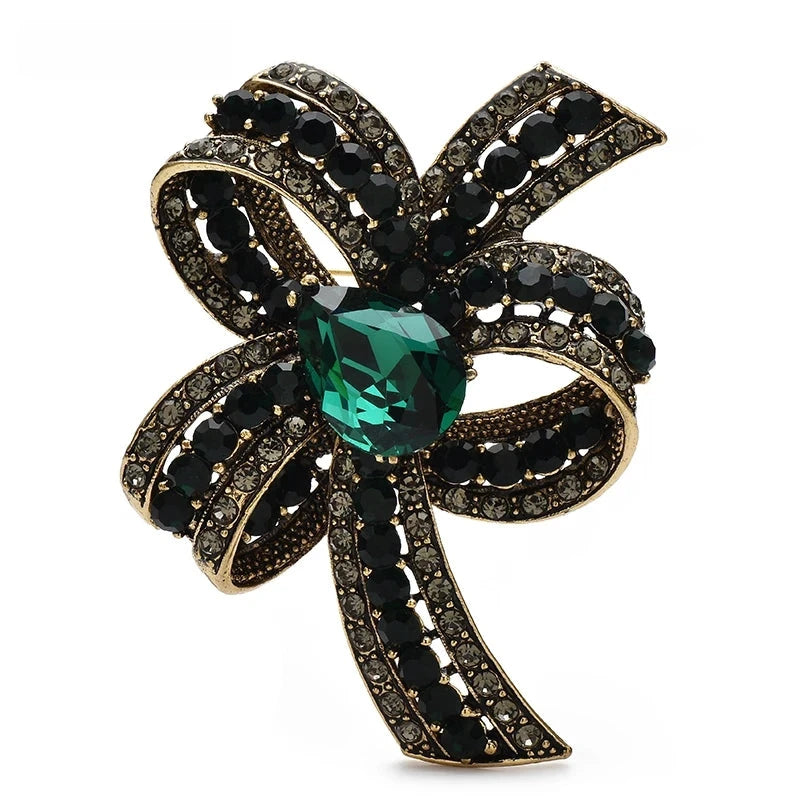 Vintage-Style Faceted Bow with Flower Loops Brooch — Green