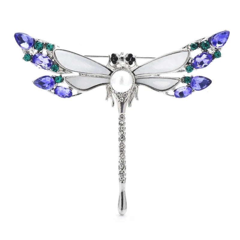 Iridescent Wing Dragonfly with Rhinestone Tail Brooch — Silver