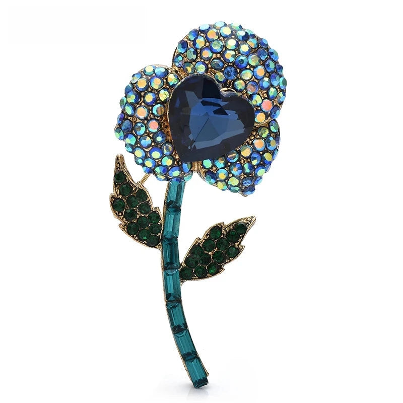 Jeweled Flower with Heart Center Brooch — Blue