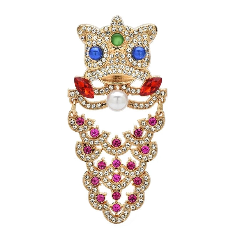 Jeweled Lion with Pearl-Look Accent Brooch — Jeweled Lion