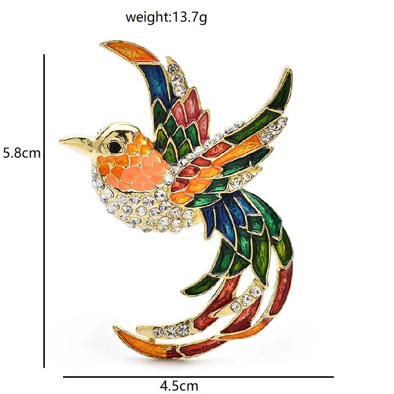 Colorful Long-Tailed Bird in Flight Brooch dimensions and weight