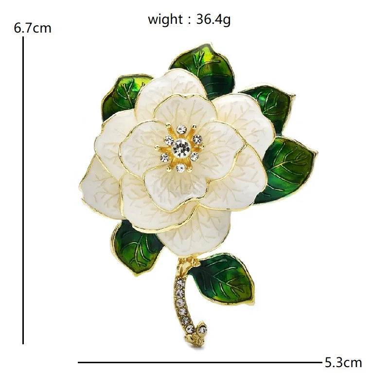 White Enamel Camellia with Green Leaves Brooch — dimensions