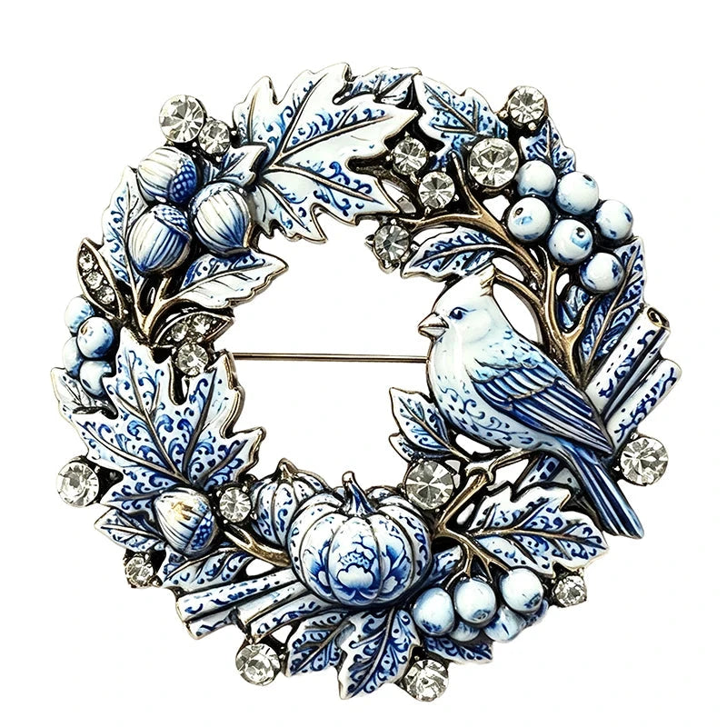 Cardinal and Harvest Wreath Brooch original white background variant photo