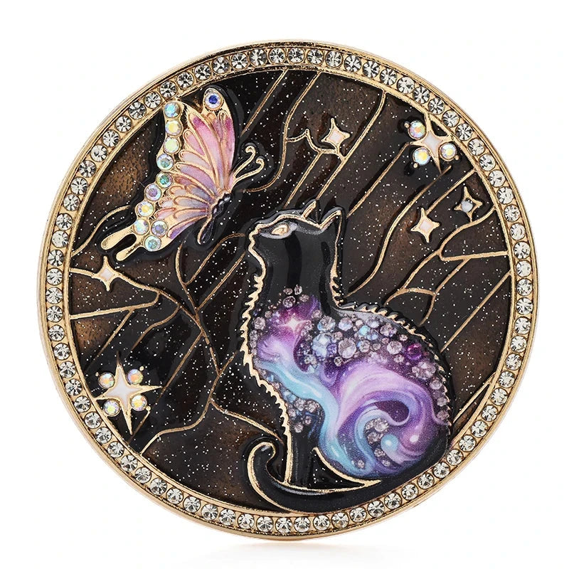 Cat and Butterfly Celestial Medallion Brooch — Black