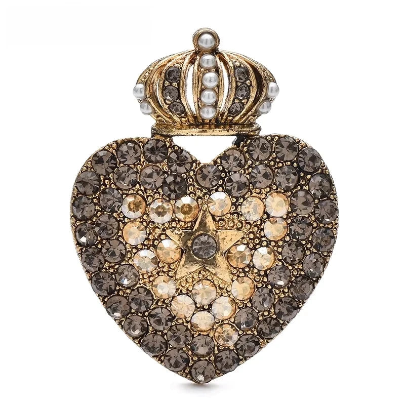 Crowned Rhinestone Heart Brooch — Champagne