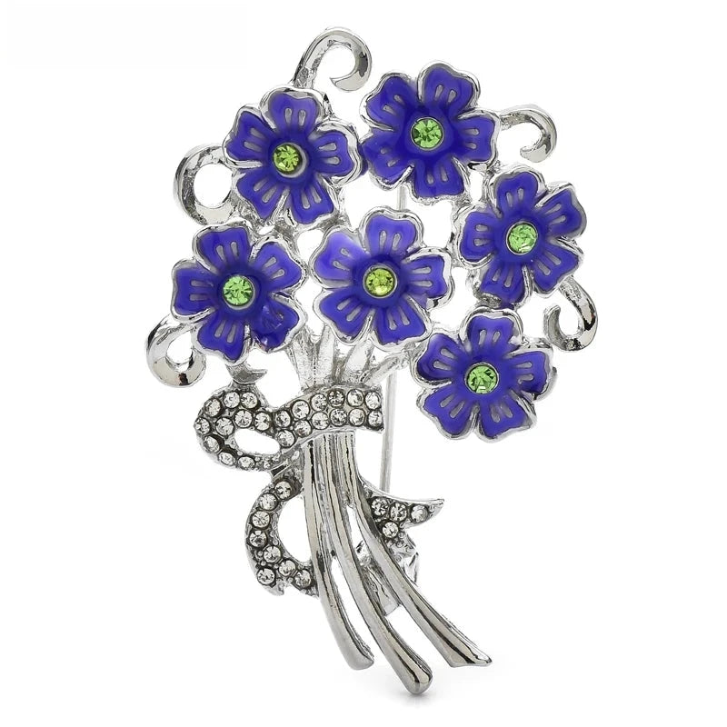 Enamel Flower Bouquet with Rhinestone Bow Brooch — Purple