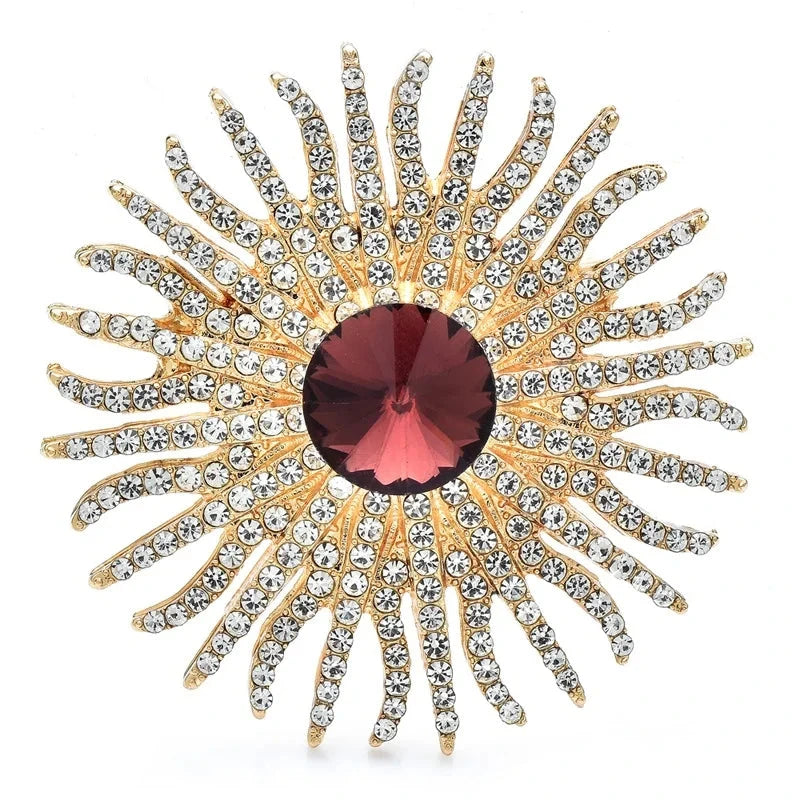 Jeweled Sunburst with Round Center Brooch — Gold & Plum