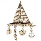 Sailboat with Nautical Charm Dangles Brooch — Gold