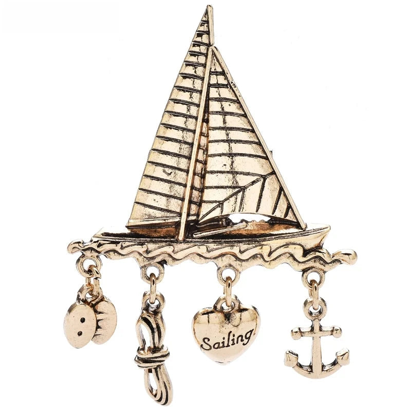 Sailboat with Nautical Charm Dangles Brooch — Gold