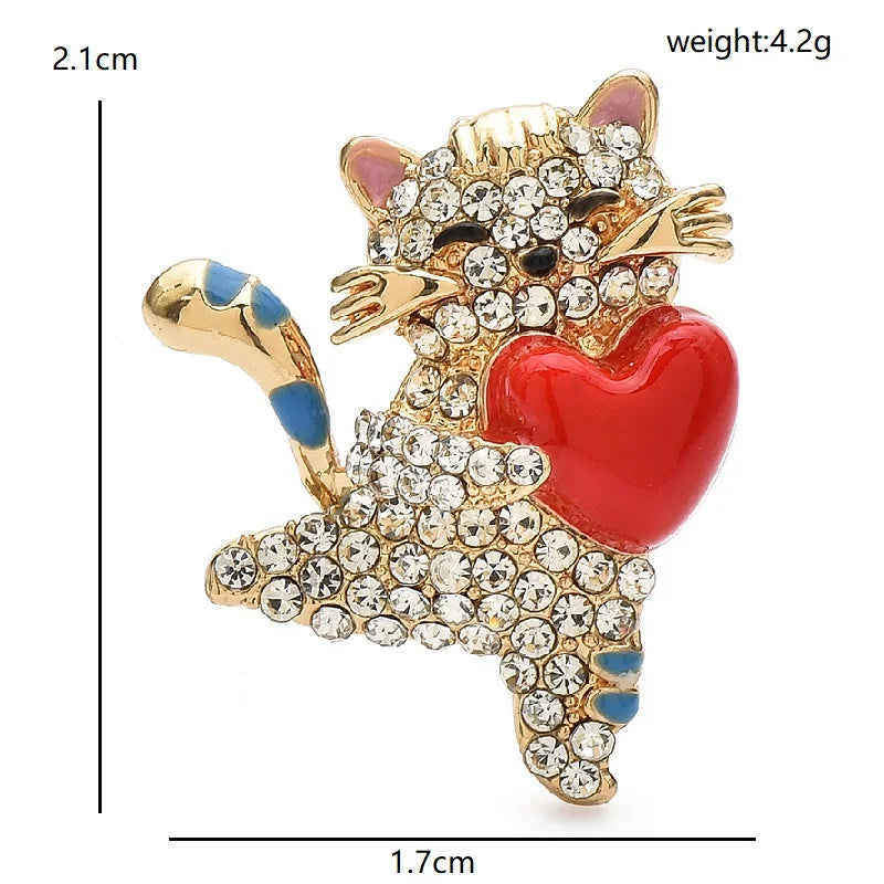 Sparkling Cat Holding a Red Heart Brooch