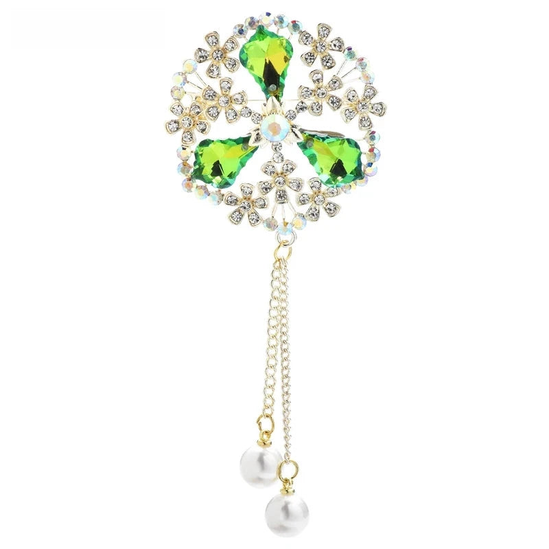 Ornate Faceted Flower with Pearl-Look Tassels Brooch — Green