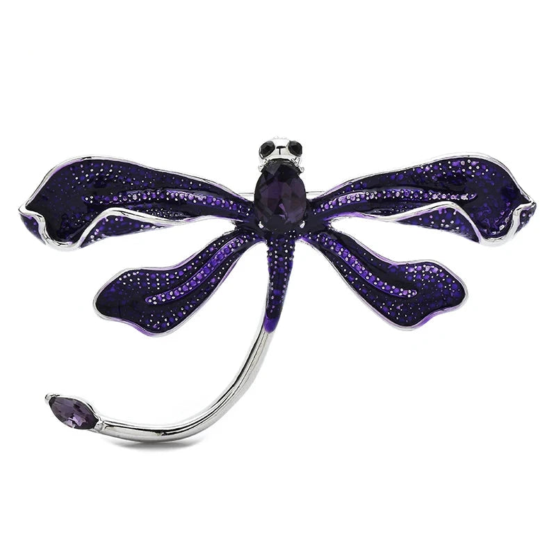 Enamel Dragonfly with Curved Tail Brooch — Purple