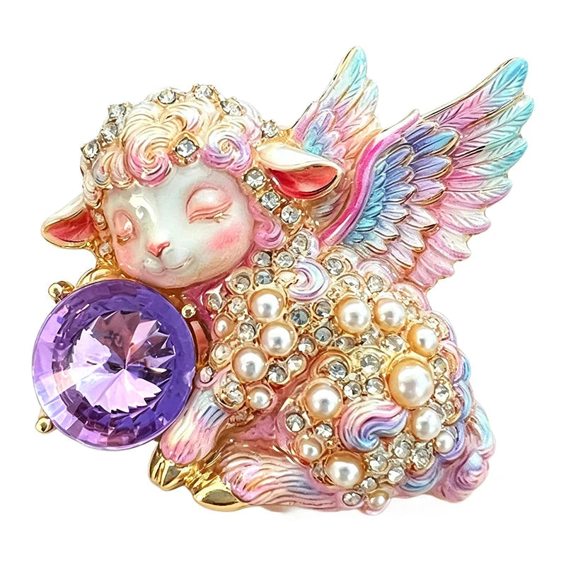Winged Angel Lamb with Jeweled Orb Brooch original white background product photo