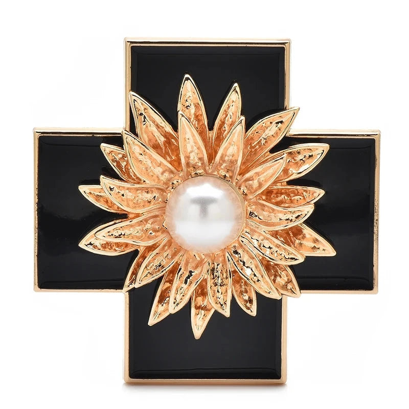 Baroque Enamel Cross with Pearl-Look Flower Brooch — Black
