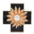 Baroque Enamel Cross with Pearl-Look Flower Brooch — Black