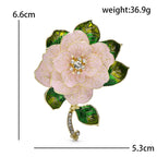 Enamel Camellia with Green Leaves Brooch