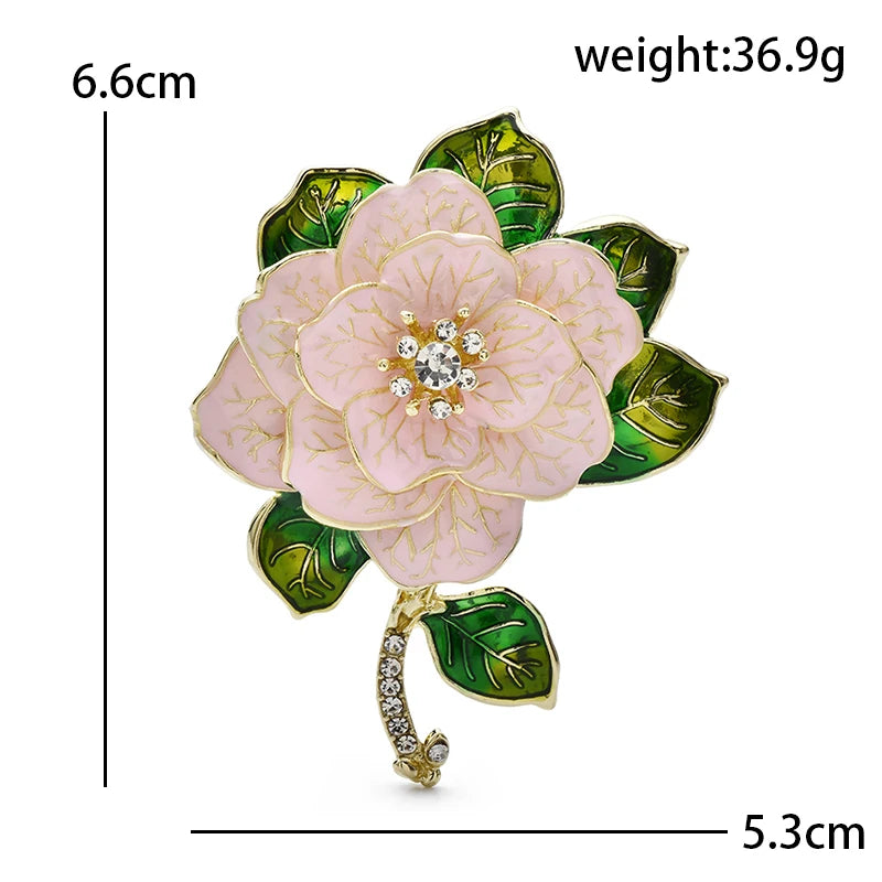Enamel Camellia with Green Leaves Brooch