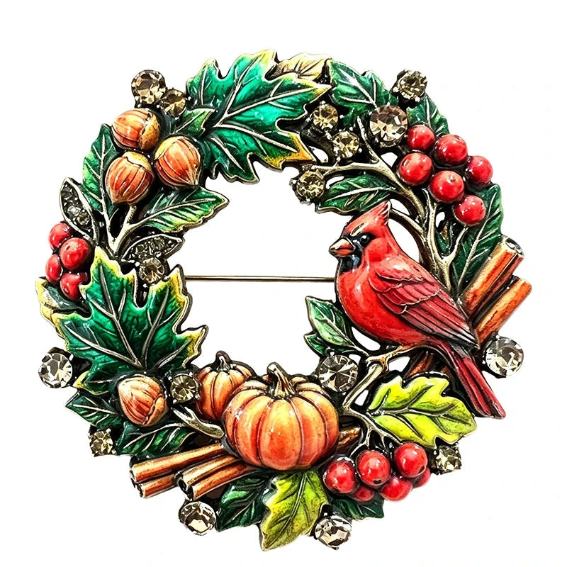 Cardinal and Harvest Wreath Brooch original white background variant photo