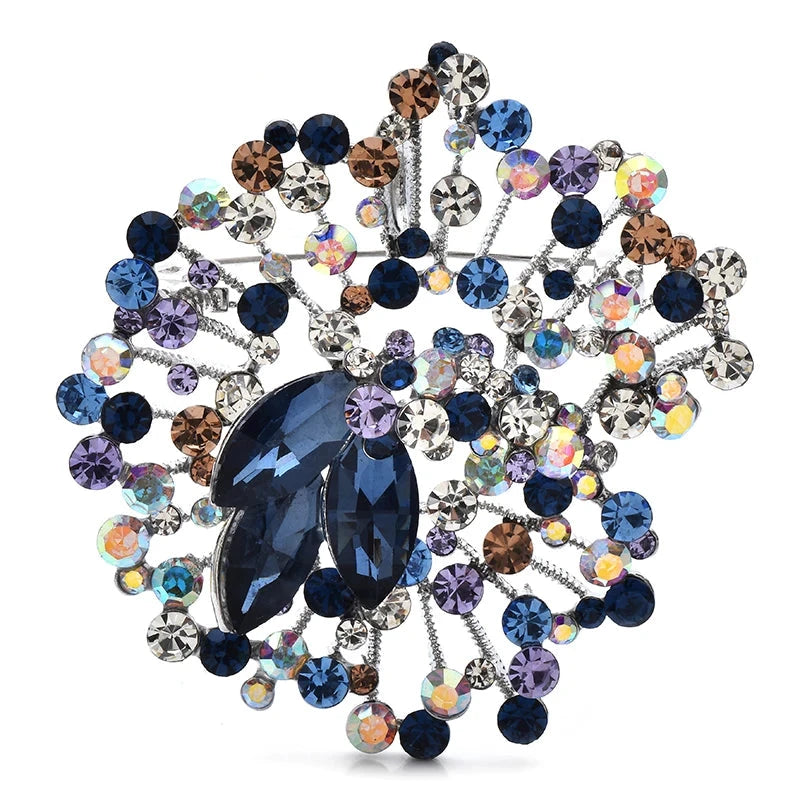 Vintage-Style Jeweled Floral Medallion Brooch — Blue