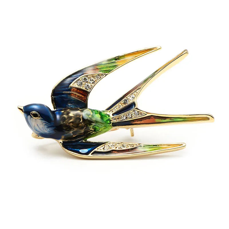 Patterned Enamel Flying Swallow Brooch — Multicolor