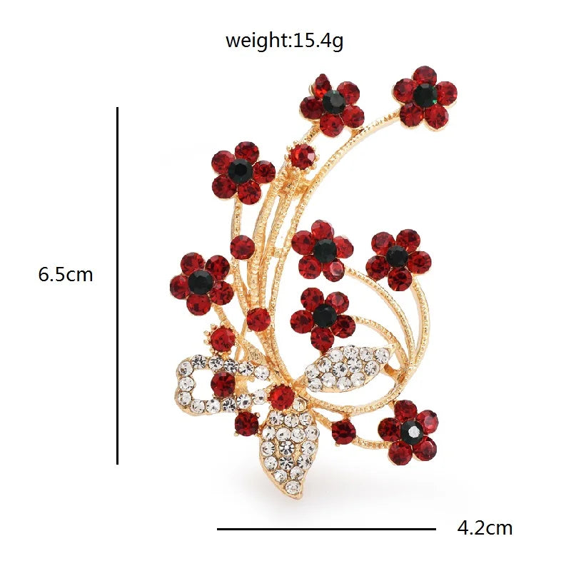 Red Crystal Blossom Spray with Butterfly Brooch