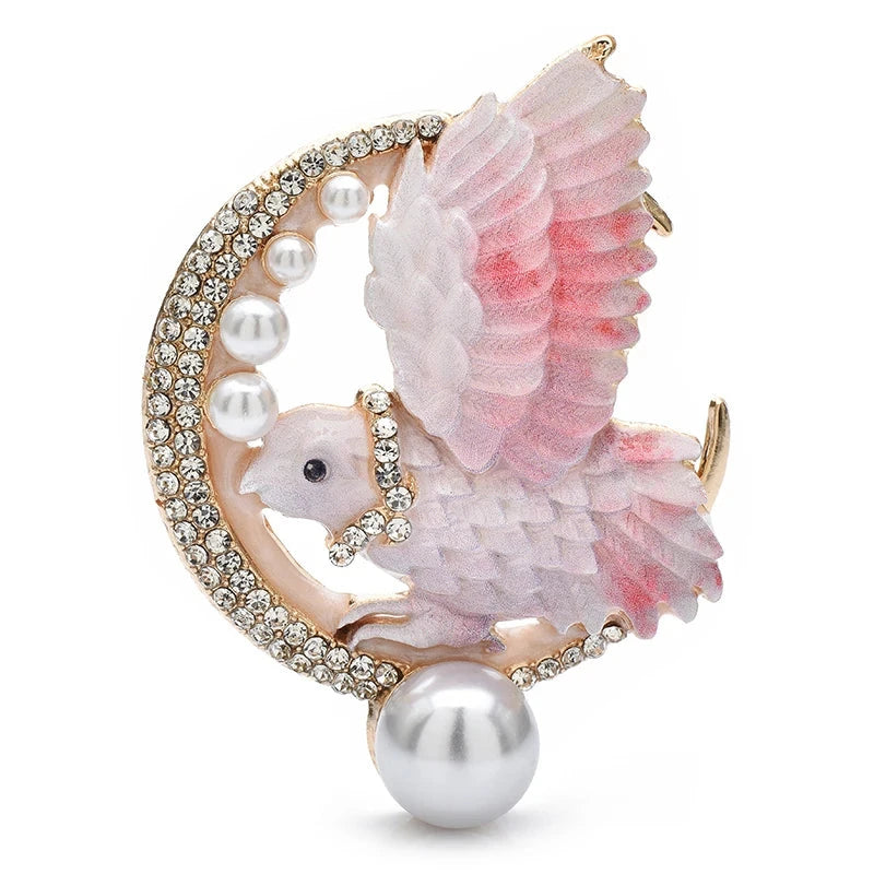 Enamel Flying Bird with Crescent and Pearl-Look Beads Brooch — Pink
