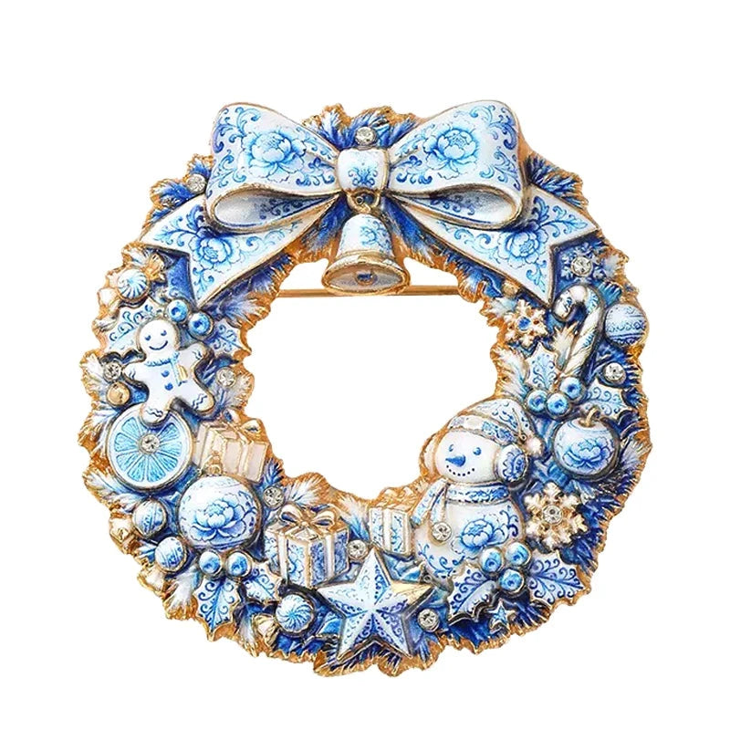Festive Bow and Ornament Wreath Brooch on its original white background