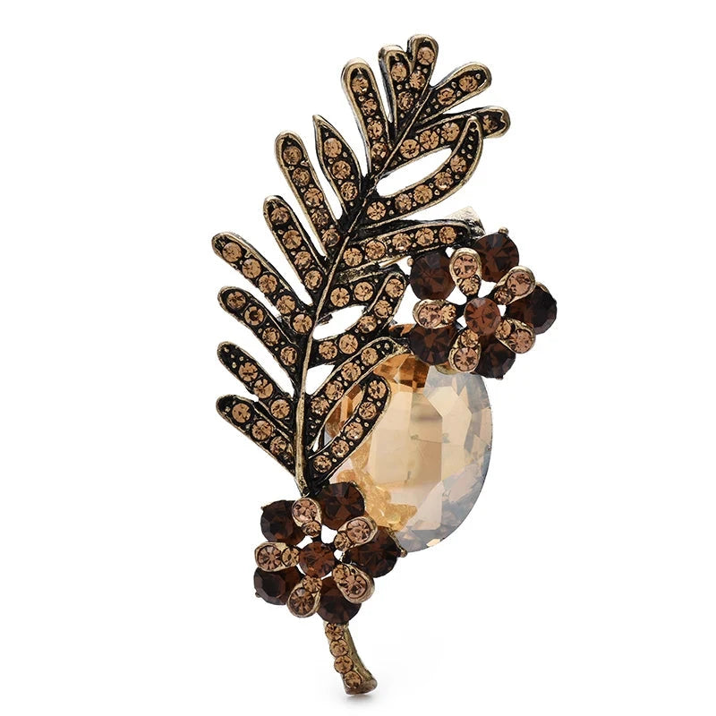 Vintage-Style Jeweled Leaf with Oval Stone Brooch — Champagne