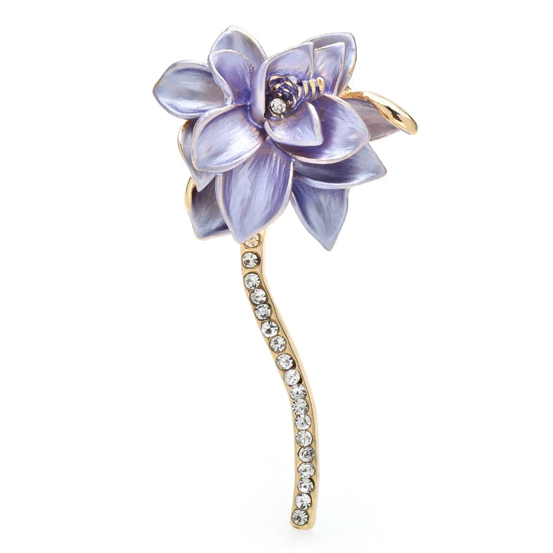 Enamel Blossom with Jeweled Curved Stem Brooch