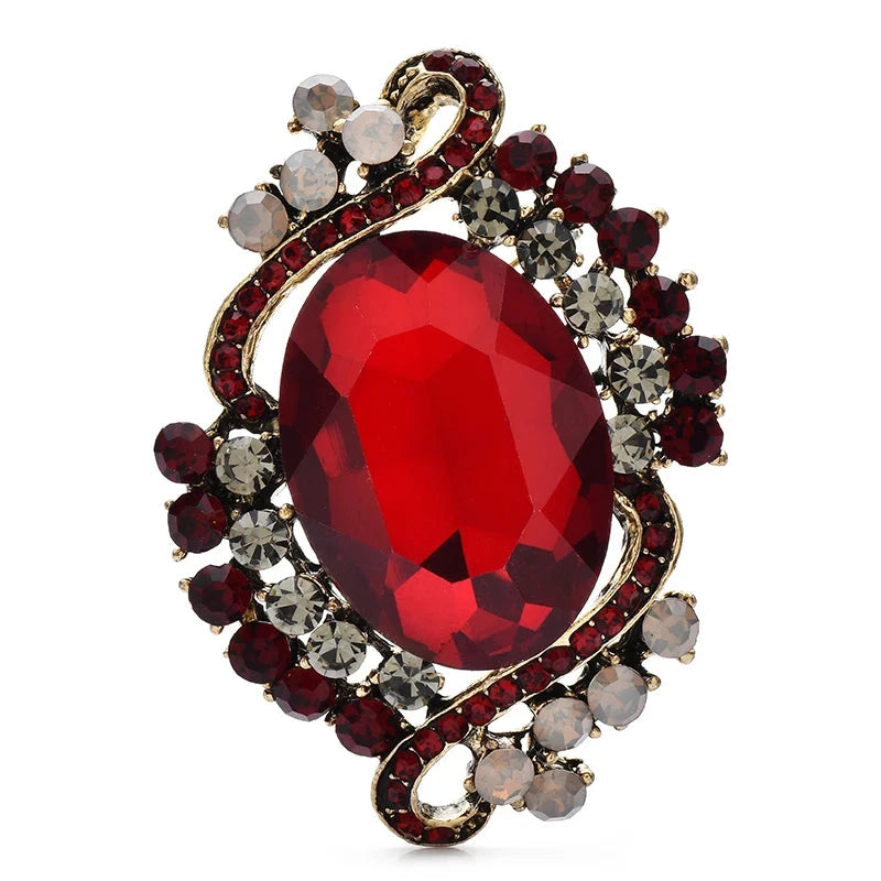 Vintage-Style Faceted Oval with Ribbon Frame Brooch — Red