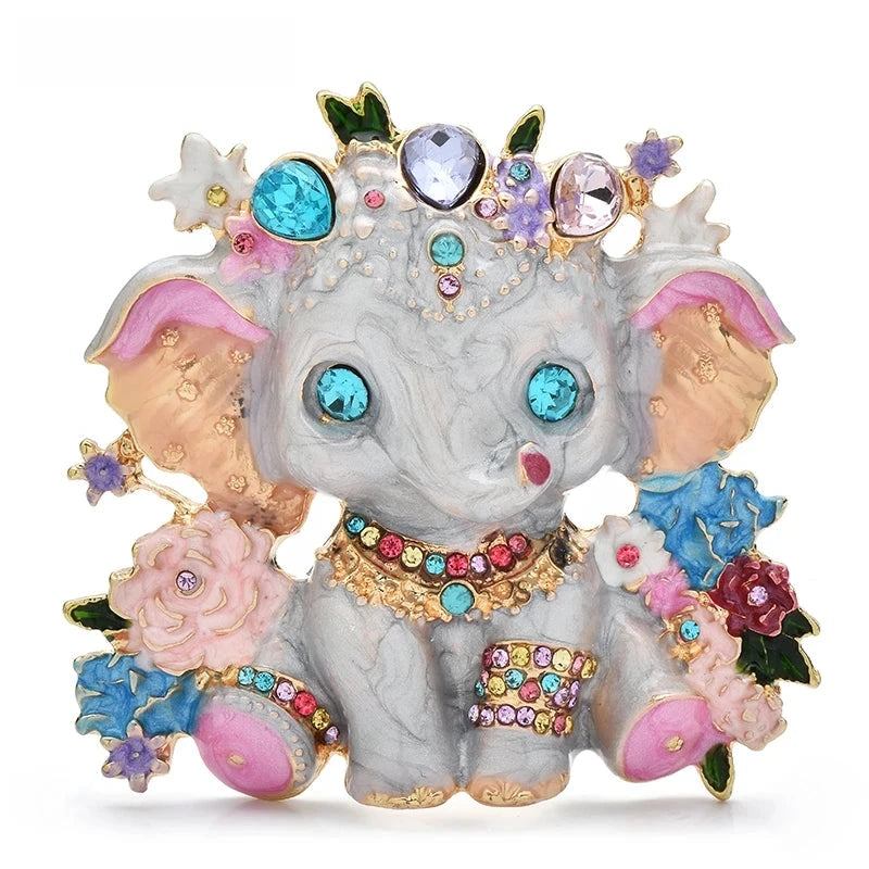 Jeweled Baby Elephant with Flowers Brooch — Baby Elephant & Flowers