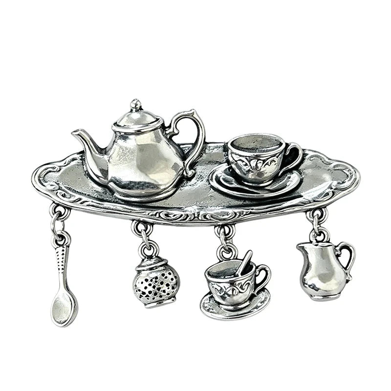 Vintage Tea Tray with Dangle Charms Brooch original white background product photo