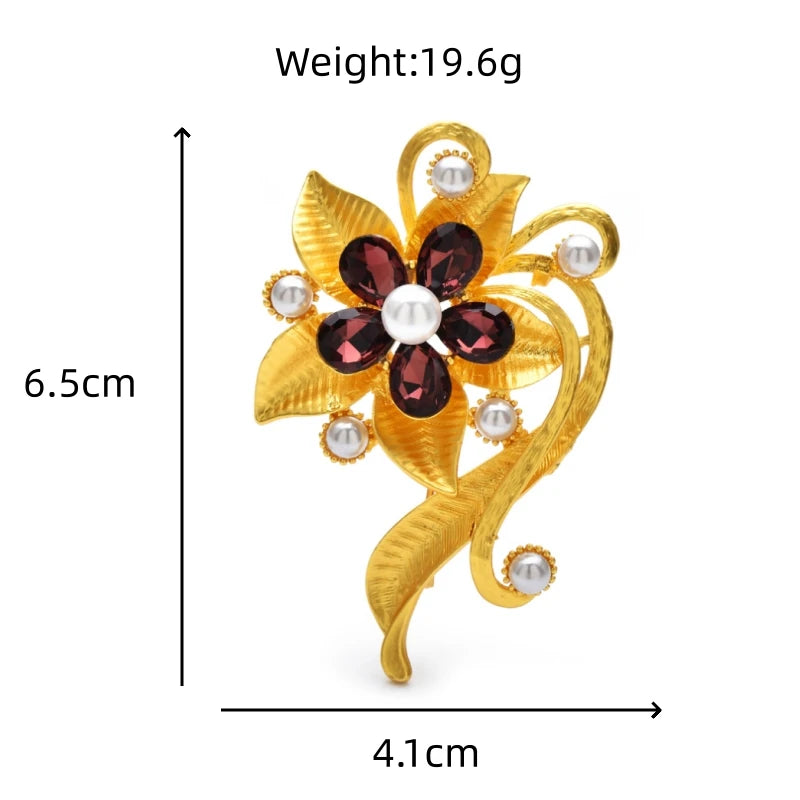 Golden Leaf Scroll Flower with Rhinestones Brooch dimensions and weight
