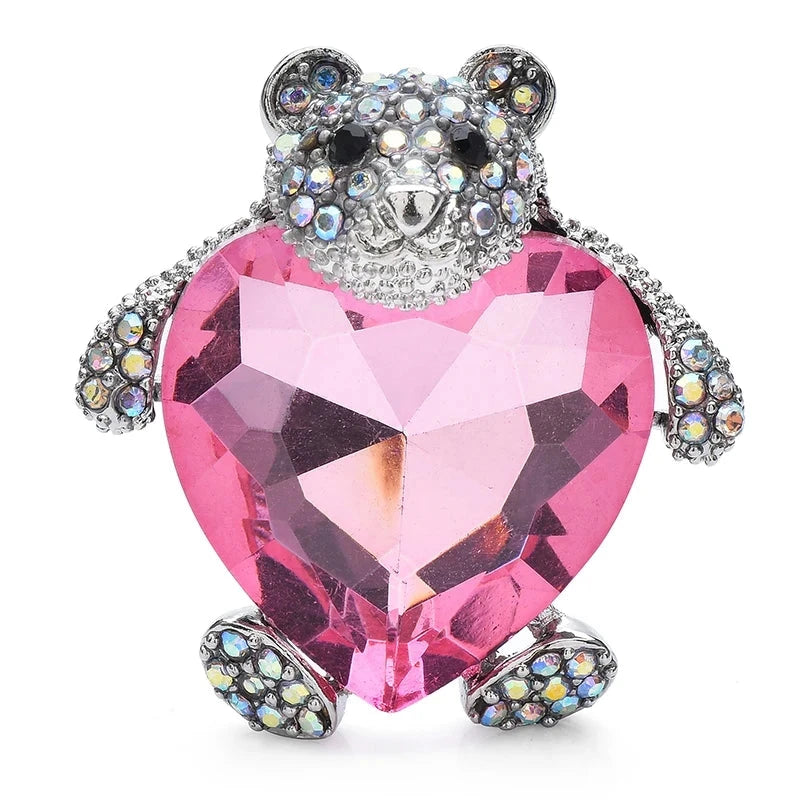 Bear Hugging Pink Heart Crystal Brooch — Blush Pink