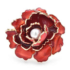 Enamel Peony with Pearl-Look Center Brooch — Red