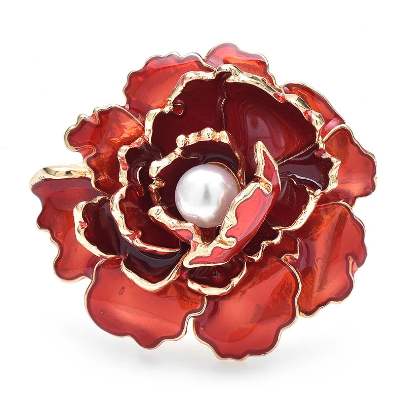 Enamel Peony with Pearl-Look Center Brooch — Red