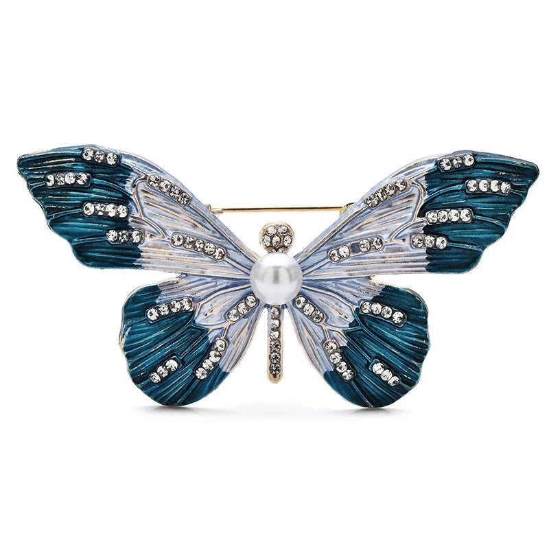 Enamel Butterfly with Sparkling Wing Stripes Brooch — Blue