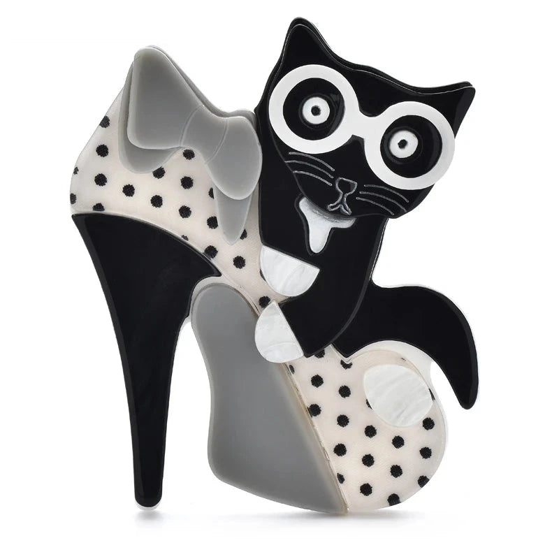 Acrylic Cat in High-Heel Shoe Brooch — Black & White