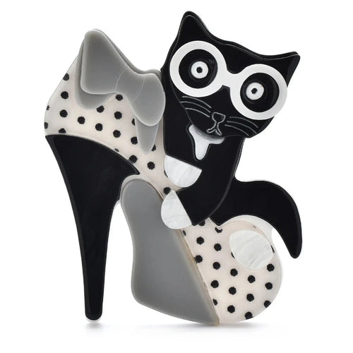 Acrylic Cat in High-Heel Shoe Brooch — Black & White