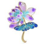 Colorful Enamel Lotus Flowers with Leaves Brooch — Purple