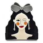 Acrylic Winking Lady with Bow Brooch — Gray