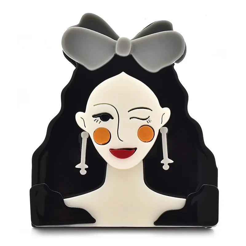 Acrylic Winking Lady with Bow Brooch — Gray