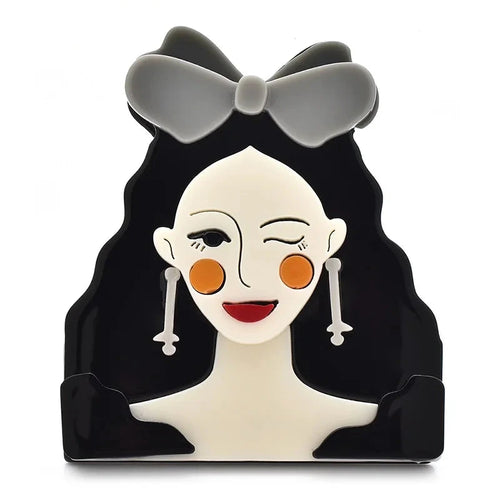 Acrylic Winking Lady with Bow Brooch — Gray