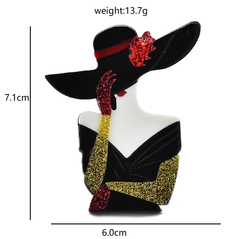 Acrylic Lady in Wide-Brim Hat Brooch — dimensions