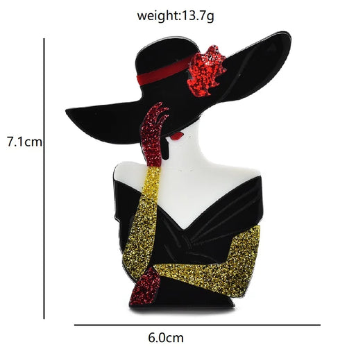 Acrylic Lady in Wide-Brim Hat Brooch — dimensions